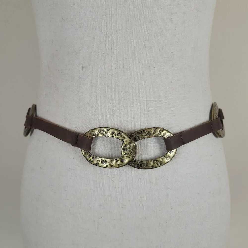 Leatherock Belt Brown Leather Hammered Oval Medallion Boho USA Western Cowgirl